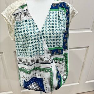 Daniel Rainn Blue and Green Wrap Blouse with V-Neck, size L